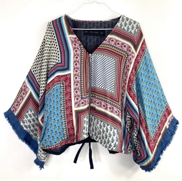 ZARA Floral Paisley Fringe Kimono Sleeve Blouse Jacket In Blue Size XS - Picture 2 of 5
